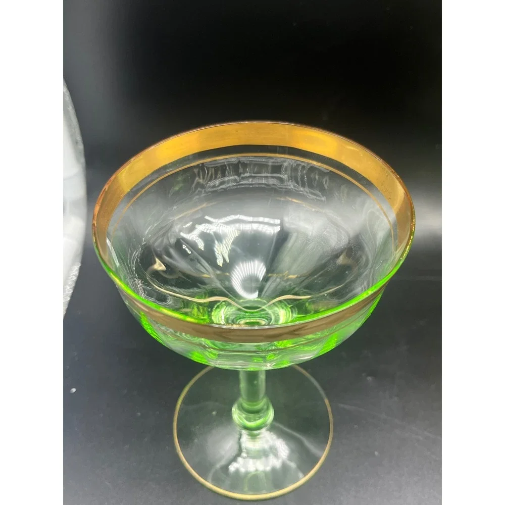 Vtg‎ Gold Rimmed Green Cocktail sherbet Glasses Vaseline Uranium 30's set 5 READ